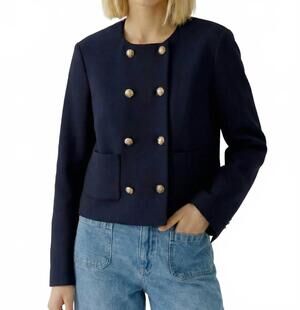 NEW OUI collarless scuba jacket in dark blue